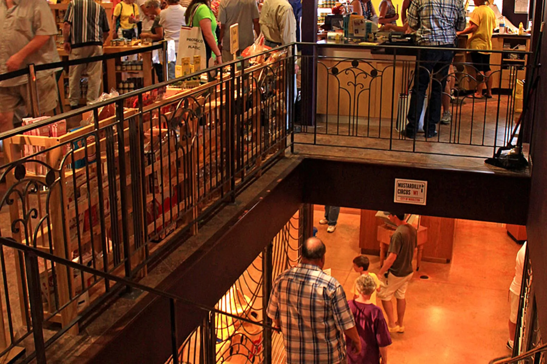 Stair rail looking from the ground-floor gift shop down into the museum